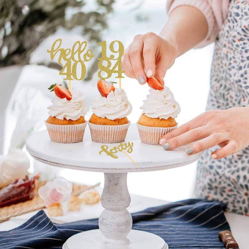 Decoraciones para cupcakes de 40 cumpleaños con purpurina dorada, juego