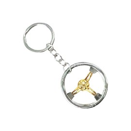 LHDOS Auto Parts Steering Wheel Shape Key Chain, 3D Metal Keychain Car Key Holder, Car Keychain Pendant, Car Key Ring Accessories for Vehicle, Backpack (White/Gold)