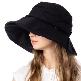 Lou and Sea Women's Hat, Large Size, Cooling Sensation, Nobel UV Hat, Full Light Blocking, UV Protection, Spring and Summer, UV Protection, Foldable, Includes Chin Strap, Black