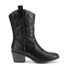 DREAM PAIRS Cowboy Boots for Women, Mid Calf Cowgirl Boots with Embroidery Round Toe Western Chunky Low Heel Shoes,Size 10,All Black,DWUMMB2505