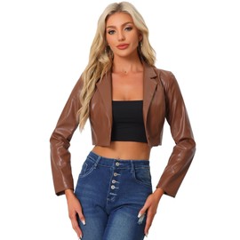 Allegra K Cropped Leather Jacket for Women's PU Casual Moto Jackets Small Brown