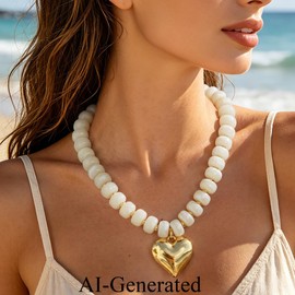 JIAOGE White Beaded Necklaces for Women, Heart Statement Chunky Necklace