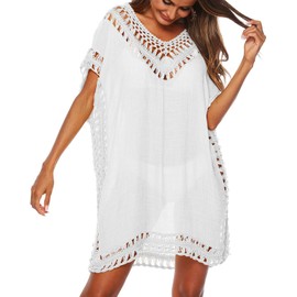 SIAEAMRG Swimsuit Cover Ups for Women, V Neck Hollow Out Swim Coverup Crochet Chiffon Summer Beach Cover Up Dress (White, One-Size)