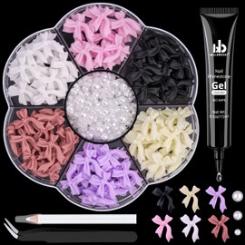 120 Pcs 3D Nail Bow Charms + 2-4mm Nail Pearls Set 6, 6 Colors Cute Bow Charms and White Flatback Pearls with Nail Charm Glue Gel(UV Needed) and Pickup Tools for Nail Art Decoration