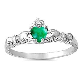 925 Sterling Silver Cabochon Natural Genuine Green Emerald Claddagh Heart Promise Ring Size 4