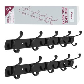 Honmtp Towel Rack, 5 Heavy Duty Double Hook All Metal Structures, Matte Black, 14.17", Set of 2, Home&Kitchen Storage, Wall Mounted Coat Rack, Entryway, for Jacket Clothes Hat Towels Purses Backpack