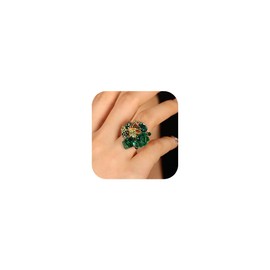 Jumwrit Shiny Crystal Flower Ring Statement Adjustable Open Band Wrap Finger Ring Square Rhinestone Floral Cocktail Ring Party Bridal Wedding Accessories Vintage Boho Knuckle Ring for Women (Green)