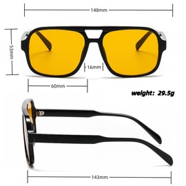 QVKUT Retro Square Oversized Design Sunglasses for Men and Women, 70s Vintage Trendy Lenses Classic with Double Bridge UV400 Protection, black/orange