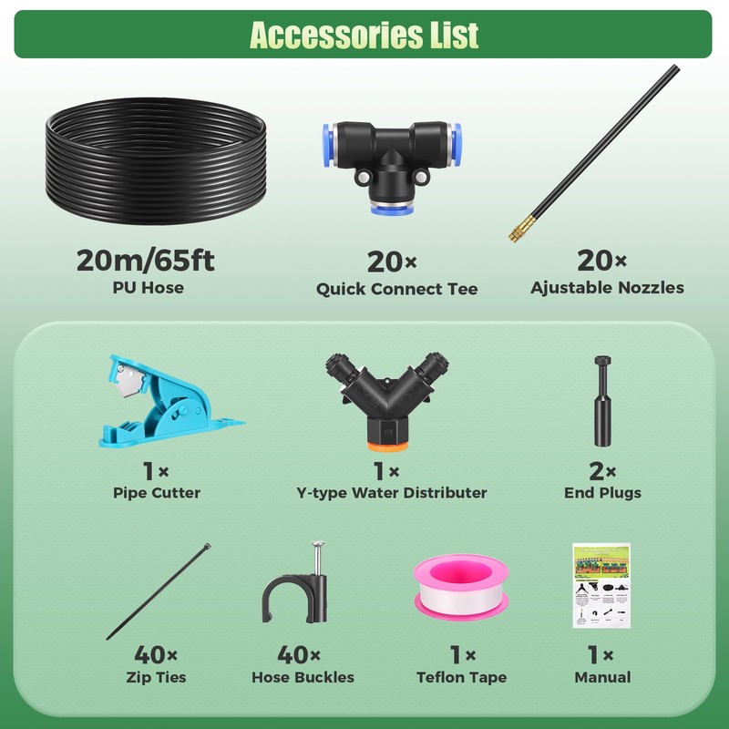 Garden Irrigation System 65FT with 20Pcs Adjustable Copper Nozzles