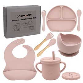 Dormlony - Juego de alimentación de bebé 100% silicona, última intervensión de BPA, con plato dividido con ventosa, juego de platos autoalimentados para niños pequeños con cucharas, tenedores, babero ajustable, utensilios para comer bebés, color rosa