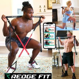 Redge Fit™ Complete Portable Full Body Home Gym Park Workout Set I Resistance Bands for Beginners to Elite Athletes I Collapsible Resistance Bar I Train Insane (Upgraded Version)
