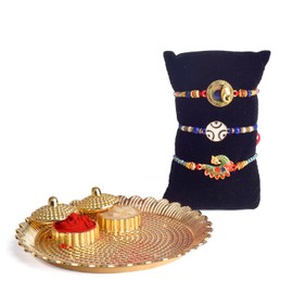 SATVIK 3 Pc Rakhi for Brother Bhaiya Assorted Rakhi with Puja Plate, Roli Chawal, Greeting Card & Soun Stickers for Raksha Bandhan