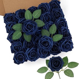 DuHouse - 25 Rosas Artificiales con Tallos y Flores de Espuma de Tacto Real para Bricolaje, Ramo de Boda, Baby Shower, Centro de Mesa, arreglo Floral, Fiesta, decoración del hogar (Azul Marino)