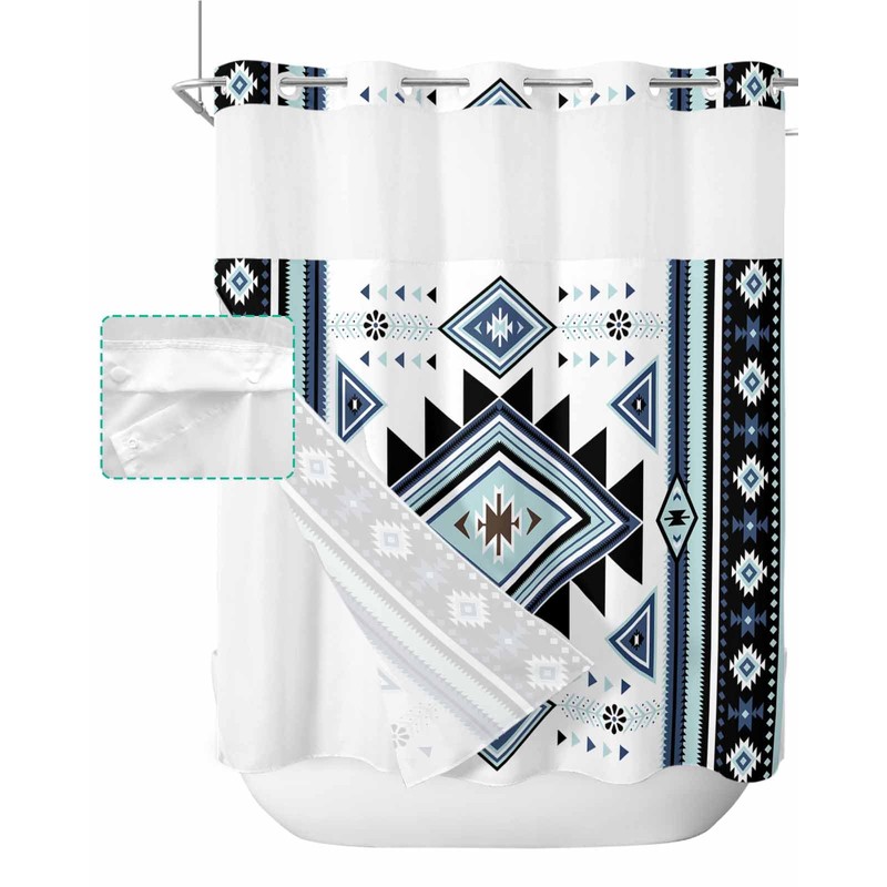 No Hook Waterproof Shower Curtain, Blue Curtain Liner Set, Western