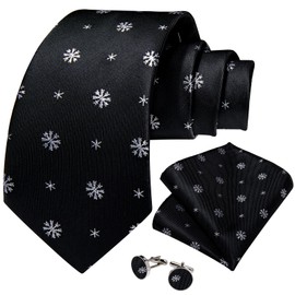 DiBanGu Fashion Silk Christmas Tie with Handkerchief cufflinks set Black White Snowflake Jacquard Ties for Party