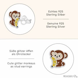 Monkimau Monkey Stud Earrings Made of 925 Silver Jewellery Silver Earrings Medical for Children Girls Women, Silver