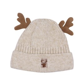MOSSTYUS Cute Reindeer Moose Hat Winter Warm Knitted Beanie Cap Fleece Lined Crochet Antler Ski Skull Cap for Women,Beige