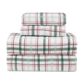 Lodge & Linen Flannel Sheets Queen Size 100% Cotton -High GSM Flannel Bed Sheet Deep Pockets - Warm & Cozy Flannel Sheet Set for All Seasons (Plaid Green/Red)