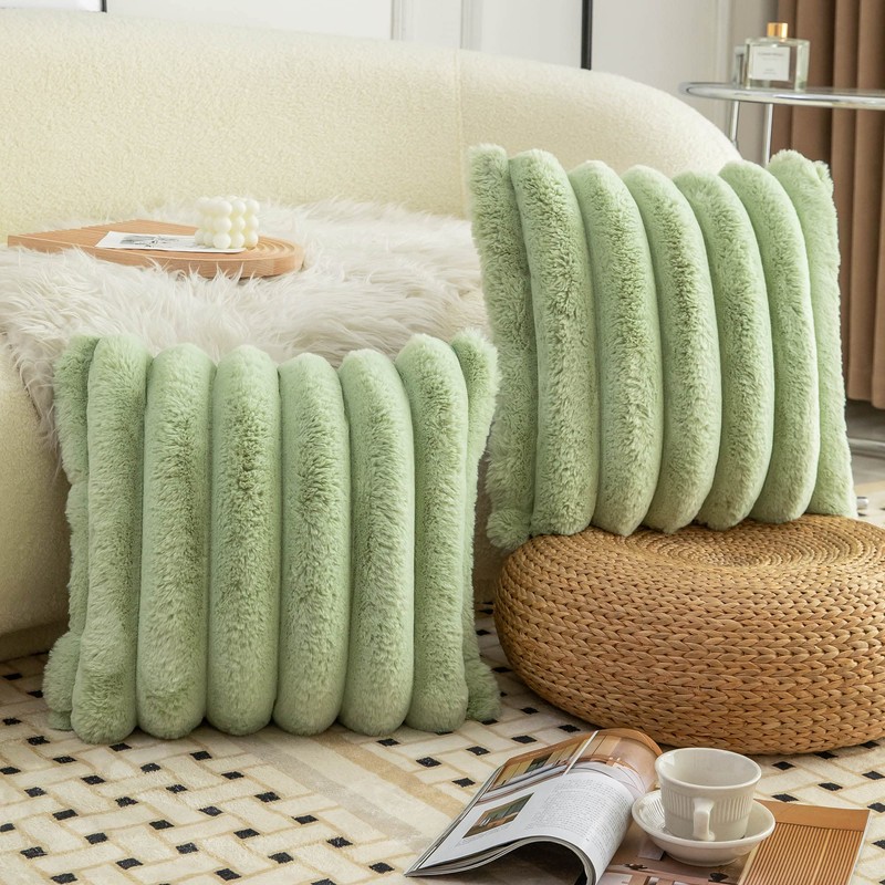 Neelvin Green Faux Fur Cozy Soft Striped Decorative Throw Pillow