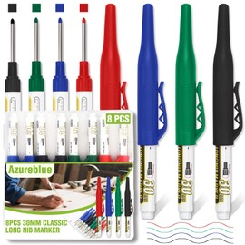 Azureblue 8pcs 30mm Long Nib Marker, Long Head Deep Hole Marker Pens, Waterproof Construction Markers Marking Tool, Multi-Purpose Deep Reach Pen Makes For Metal, Carpenter, Woodworking, 4 Colors