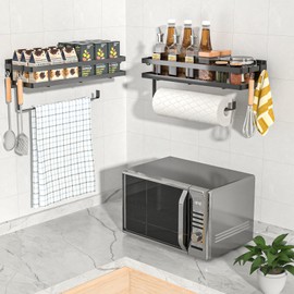 Diealles Shine Gewürzregal zur Wandmontage, Gewürzregal zum Aufhängen, mit 4 abnehmbaren Haken und Küchenrollenhalter, Gewürzregal für Küche, Bad, Kommode und mehr (35 cm, Schwarz)