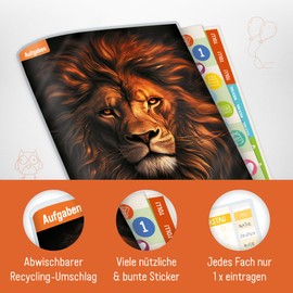Häfft® Lernfreunde Colourful Smart "Löwe" Homework Book Primary School A5 without Date with Envelope + Stickers - The Highlight: Always Visible Timetable - Sustainable and Climate Friendly