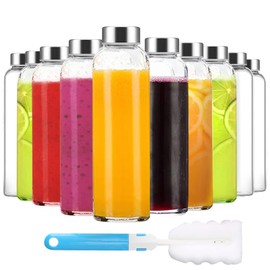Luxfuel Clear Glass Bottles with Lids 18 oz, Reusable Glass Water Bottles with Stainless Steel Cap for Juicing, Refrigerator,100% Leak Proof, BPA Free, Juice Water Bottle Set of 10