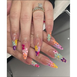 JUSTOTRY 24 Pcs Colourful Flower Stiletto Fake Nails Long,Rainbow French Press on Nails Patterns,Floral Almond Stick on Nails for Women,Acrylic Extra Long False Nails Long for Nail Art