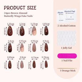 Auiremrti Pack of 24 brown butterfly nails, medium artificial French nails, butterfly wings design, acrylic nails, reusable nails, autumn and winter nails