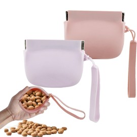 WoYous 2 Pieces Silicone Dog Treat Bag Mini Portable Pet Snack Pouch with Auto Close Feature Feed Snack Reward Dog Treat Pouch Pocket Size Easy to Clean for Pet Travel or Outdoor Use (Pink & Purple)