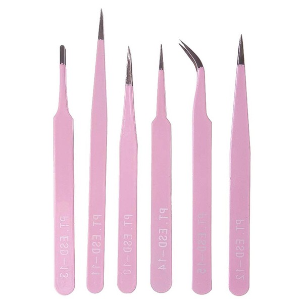 Pack of 6 Tweezers Point, Tip Tweezers, Eyelash Tweezers, Precise