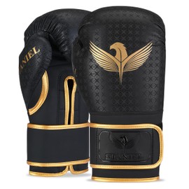 Staniel Osprey Series Boxing Training Gloves - Synthetic Leather with Long Injected Foam Padding, Foam-Lined Satin Interior for Comfort, Includes Free Mesh Backpack (Black/Golden 12 oz 1 Pair)