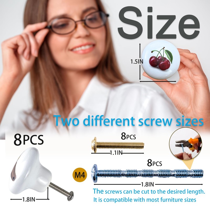 Lasyman 8 Pack Round Cabinet Knob1.5 Cherries Fruit Ceramic Rustic