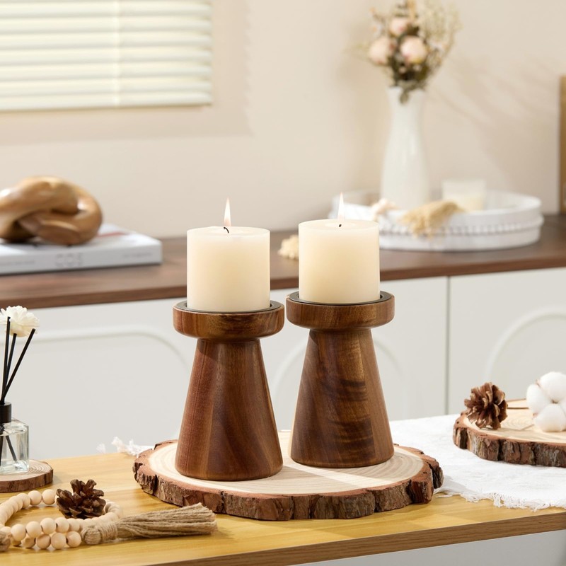 Rustic Acacia Wood Pillar Candle Holder