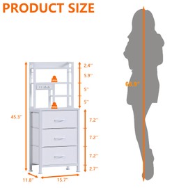 Furnulem Tall Nightstand with LED Lights and 3 Tier Shelves, Night Stand with 3 Fabric Drawers, 45.3inch Tall Bedside Tables with USB Ports and Outlets in Bedroom, Dorm, Office (White)