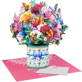 3D Pop Up Flower Bouquet Card Floral Greeting Card with Roses and Butterflies for Mother's Day, Birthday, Anniversary, Get Well, Thank You, Wedding, Housewarming, Retirement, Sympathy, Easter,
