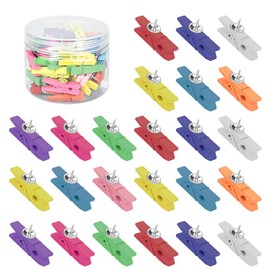 BUZIFU 50 Pcs Colorful Push Pins Clips Wooden Pegs Pins Pushpin Tacks Wooden Crafts Pins Drawing Pins Decorative Paper Wood Clips with Thumbtacks for Cork Boards Crafts Arts Projects Photo Supplies