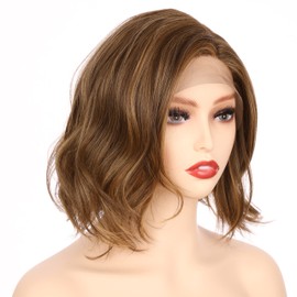 Onedor 10 Inch Lace Front Short Wavy Hair Bob Wigs for Women (Light Brown Evenly Blended with Dark Natural Blonde-RL12/16)