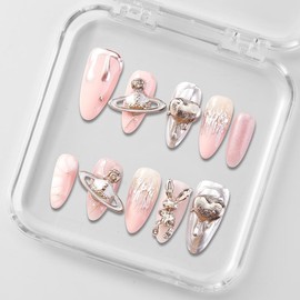 Zfans Almond Shape DreamWear Collection - 100% Handcrafted 3D Press-On Nails | Reusable, Long-Lasting, Salon-Quality Mint Bloom Eco-Friendly Nail Art Set:_Pink Cosmic Dream_s