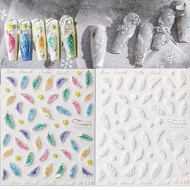 Feather Nail Art Stickers 5D Embossed Nail Decals White Green Blue Pink Leather Nail Design Stickers Hollow Leather Engraving Self Adhesive Acrylic Nail Supplies for Women Nail Art Decoration