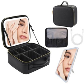 SUILU Travel Makeup Bag with LED Lighted Mirror,Cosmetics Organizer, with 3 Color Lighted Setting, with Adjustable Brightness Vanity Mirror and Detachable 10x Magnifying Mirror Travel Makeup-black