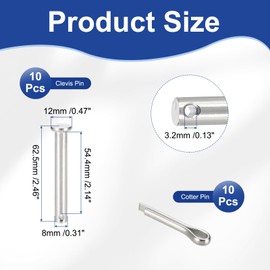 sourcing map 10Pcs M8x60mm Clevis Pins, 304 Stainless Steel Single Hole Flat Head Hitch Fastener Lock Systems with Cotter Pins for Furniture Installation Trailer Lawn Mower, Silver