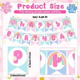 Marspark Pre-strung Blue Dog Happy Birthday Banner with Daisy Flowers Paws Rainbow Cartoon Dog Themed Boho Pastel Birthday Party Decorations Supplies(Rainbow)