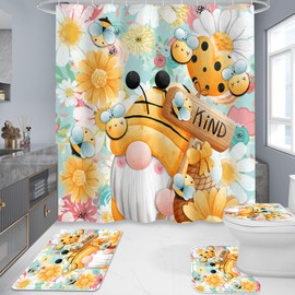Litabel 4 Pcs Sping Gnomes Shower Curtain Set with Non-Slip Rugs, Toilet Lid Cover and Bath Mat, Boho Floral Bathroom Decor Set with Shower Curtain and Rugs(Hooks Not Included)