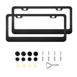 JUSTTOP 2 PCS Car License Plate Frame, Heavy Duty Stainless Steel License Plate Cover, Matte License Plate Holder Front & Rear with Metal Screws, Universal Car External Accessories (Black)
