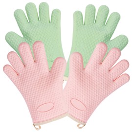 2 Pack Silicone Oven Mitts Oven Gloves with Fingers Heat Resistant Waterproof Non-Slip Cotton Lined Silicone Oven Gloves Kitchen Mitts for Baking Cooking BBQ (Pink + Green)