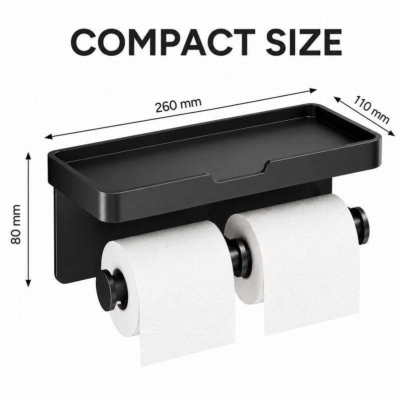 Dual Roll Toilet Paper Holder with Shelf – Black Aluminum