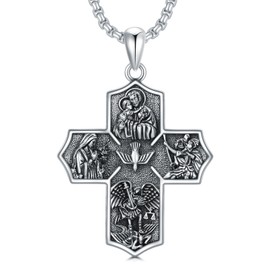 POTOPYY Four Way Cross Medal Necklace for Men Father's Day Gifts for Dad Husband Sterling Silver Saint Catholic Necklace Catholic Cross Medal, Protection Necklace Gifts for Men Son Father Boyfriend Anniversary, 22+2 Inch