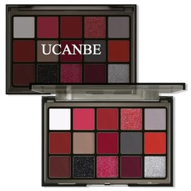 UCANBE- Paleta de maquillaje de sombras de ojos rojas, 15 colores burdeos, gris plateado, brillo mate, sombras de ojos metálicas                      