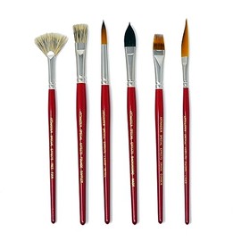 Artmaster Watercolour Brushes Complete Set of 6 - Synthetic, Wooden Handles - Red - L Size - Watercolour Paint Brush Set